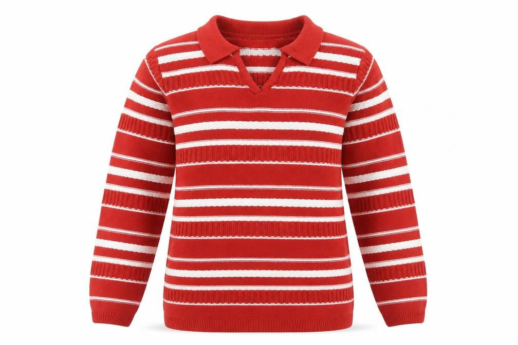 Front view of Isle Essentials women’s red collared striped acrylic jumper, size L