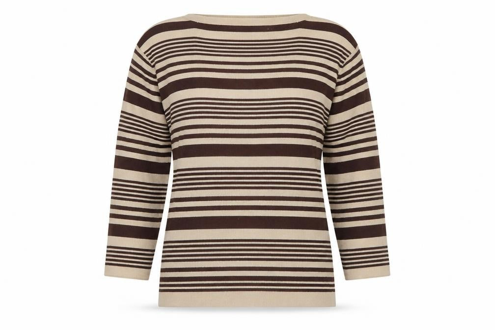 Front view of Bonmarché women’s beige boat neck striped viscose jumper, size S