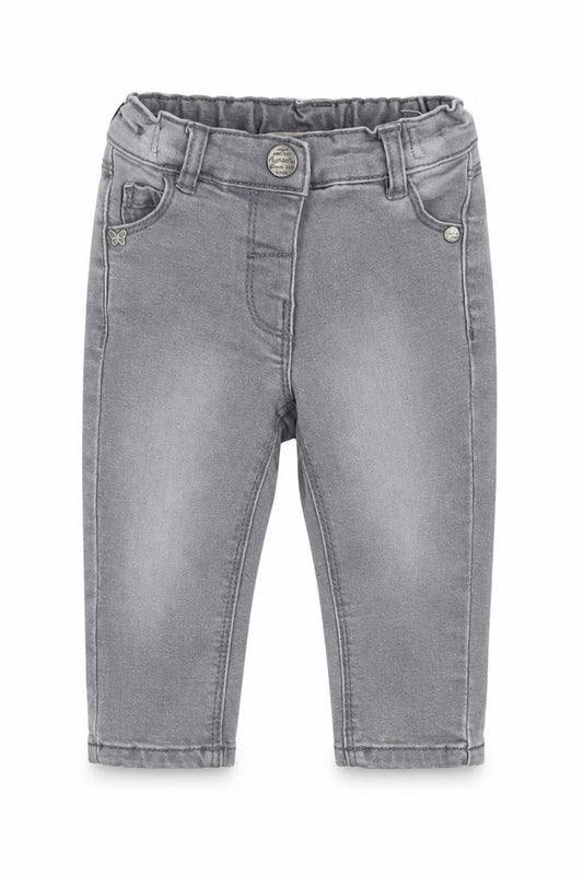 Front view of Next girls’ grey cotton capri jeans, size 6-9, months button