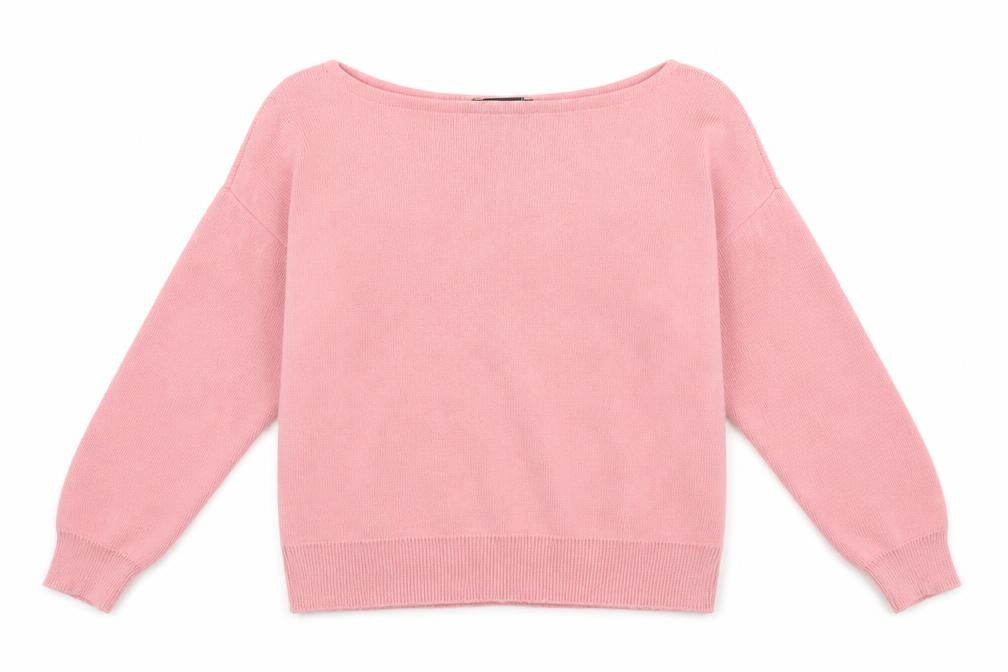 Front view of PRETTYLITTLETHING women’s pink boat neck acrylic jumper, size S