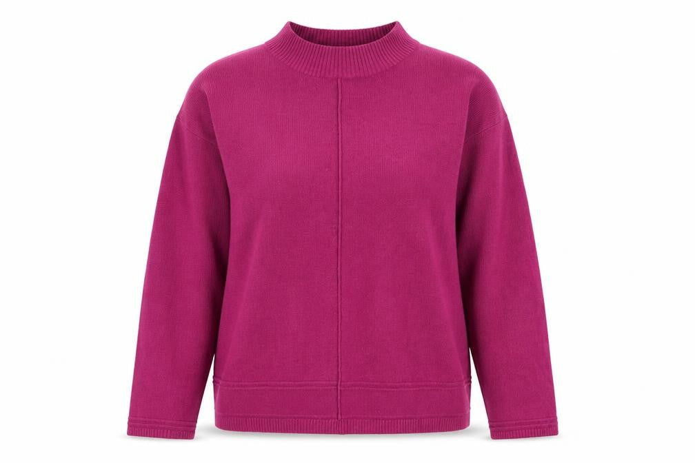 Front view of Vida Vi women’s pink mock neck acrylic jumper, size M