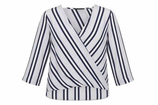 Front view of Atmosphere women’s grey striped polyester basic blouse, size UK 8, v-neck
