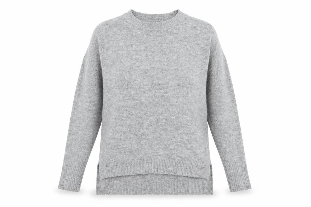 Front view of Dorothy Perkins women’s grey crew neck acrylic jumper, size UK 14