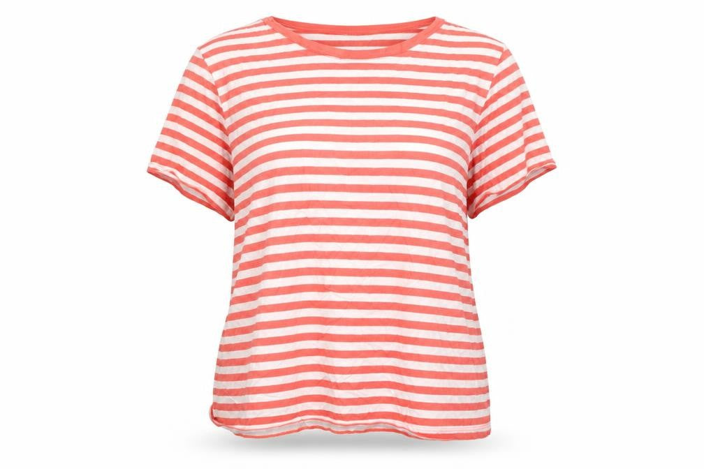 Front view of Dunnes women’s multicoloured striped cotton basic t-shirt, size L, round neck