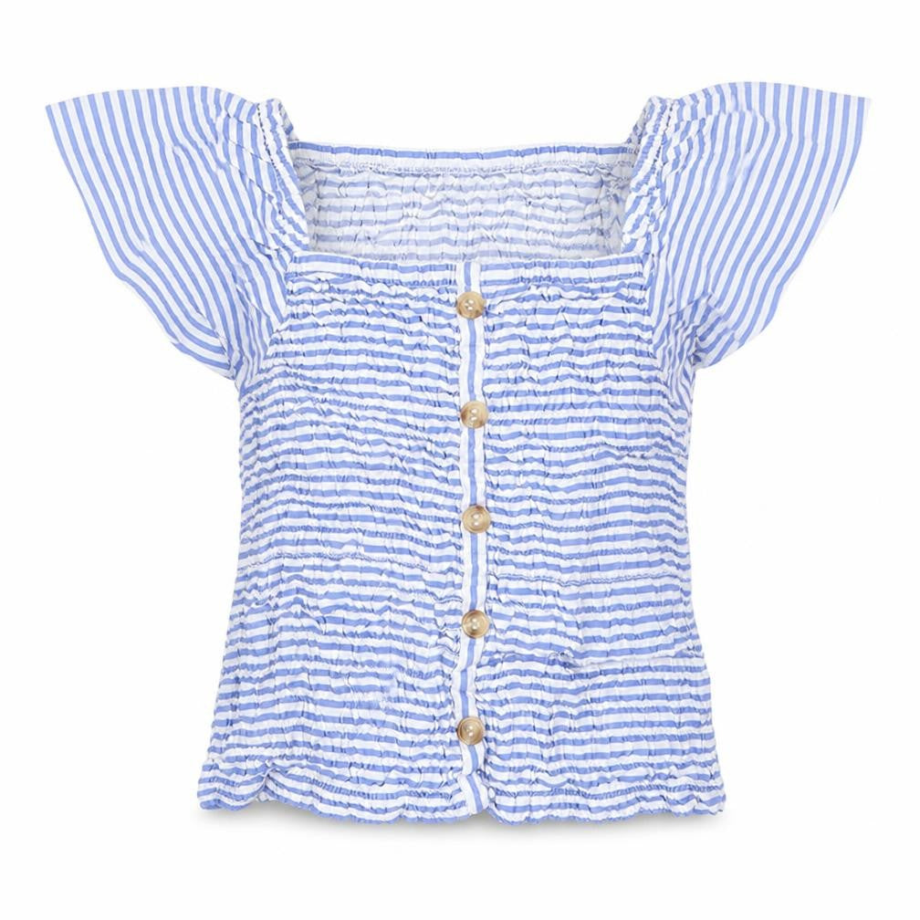 Front view of Evie girls’ blue striped viscose basic blouse, size 9-10, years square neck pullover