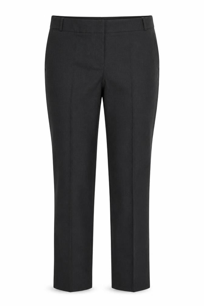 Front view of Next women’s grey polyester trousers, size UK 35, in, 28-inch leg regular hook & eye