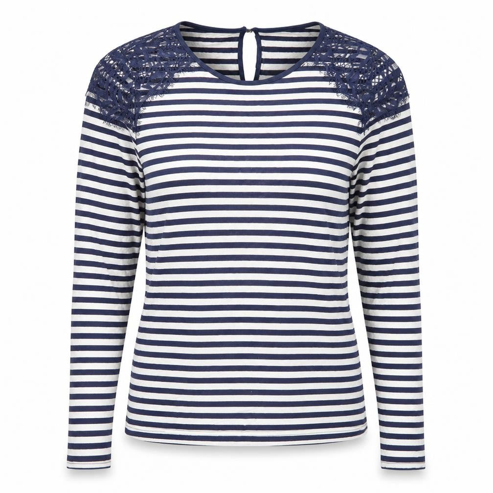 Front view of Oasis women’s blue striped polyester basic t-shirt, size M, round neck - lace trim