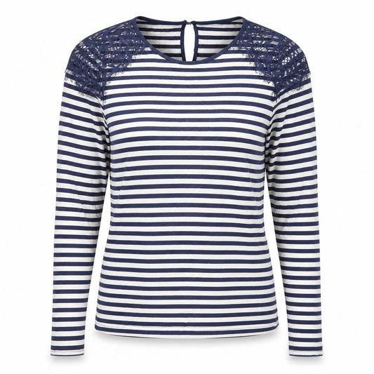 Front view of Oasis women’s blue striped polyester basic t-shirt, size M, round neck - lace trim