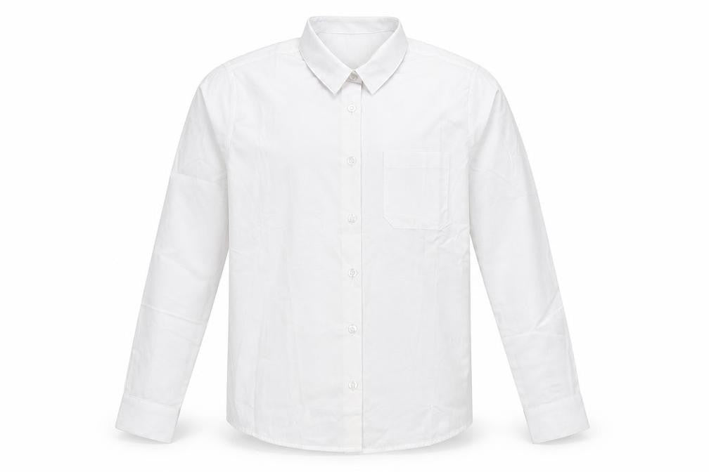 Front view of George girls’ white polyester basic button-up, size 10-11, years collared button - school wear