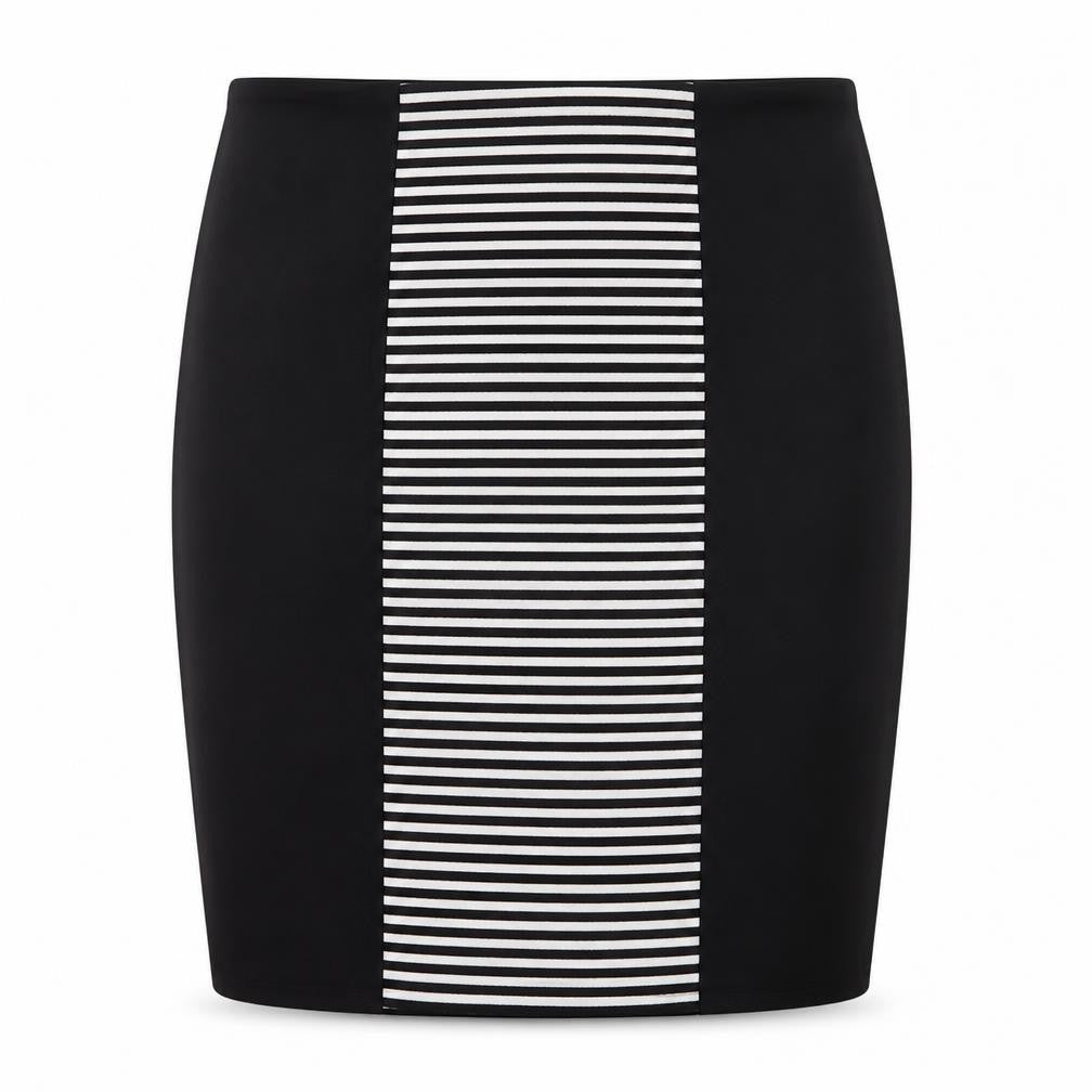Front view of ET VOUS women’s black striped polyester a-line skirt, size UK 10, button