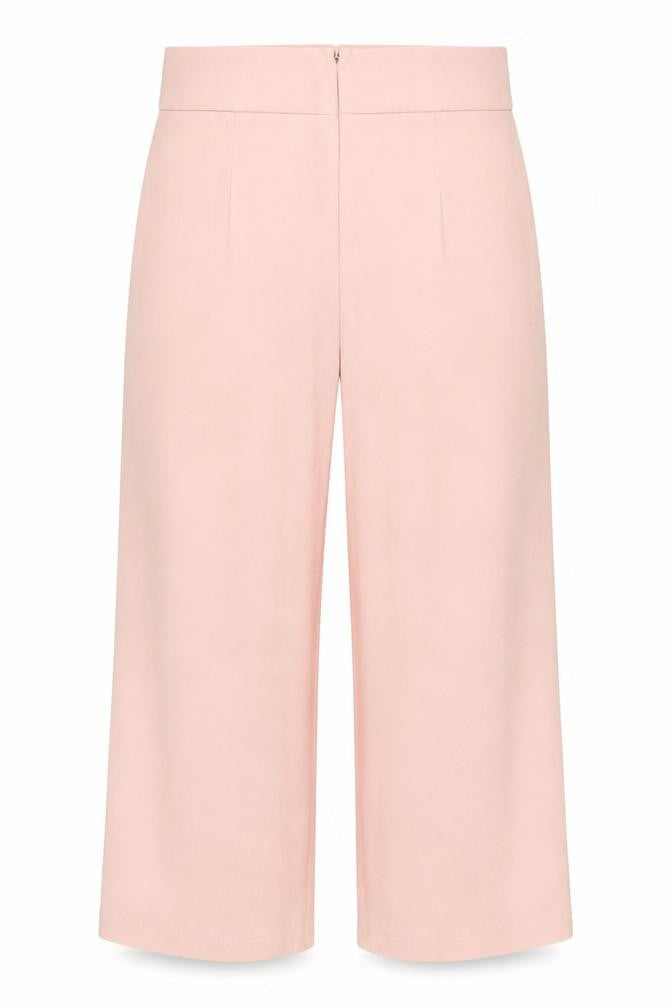 Front view of PRETTYLITTLETHING women’s pink polyester bloomer trousers, size UK 10, 22-inch leg regular zip