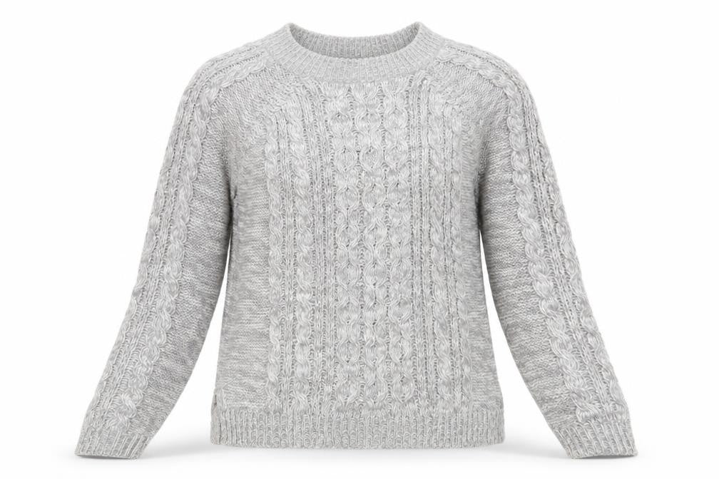 Front view of Select women’s grey round neck acrylic jumper, size UK 10