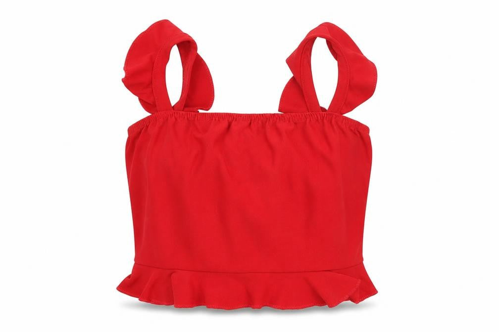 Front view of PRETTYLITTLETHING women’s red polyester cropped tank, size UK 10, square neck