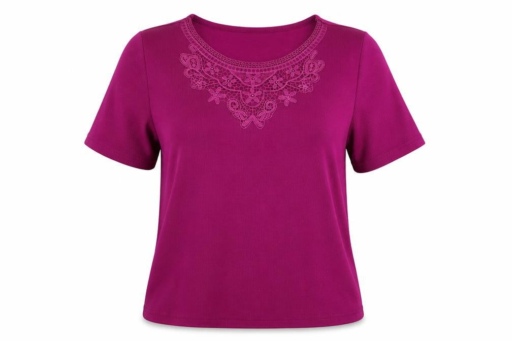 Front view of Bonmarché women’s purple round neck floral polyester jumper, size M