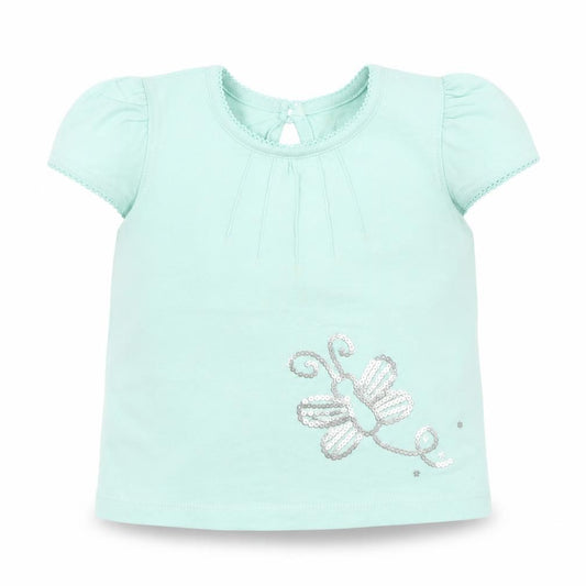 Front view of Cherokee girls’ green cotton basic t-shirt, size 6-9, months round neck pullover