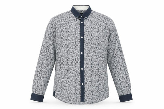 Front view of Retro Fire men’s grey paisley polyester button-up, size S, collared button