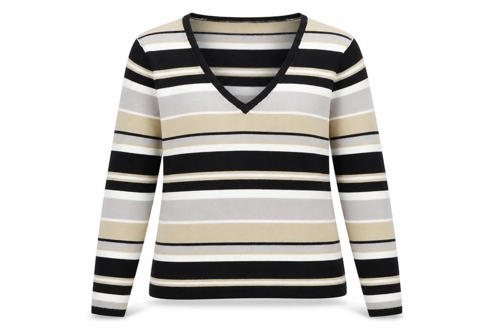 Front view of Matalan women’s multicoloured collared striped acrylic jumper, size UK 10