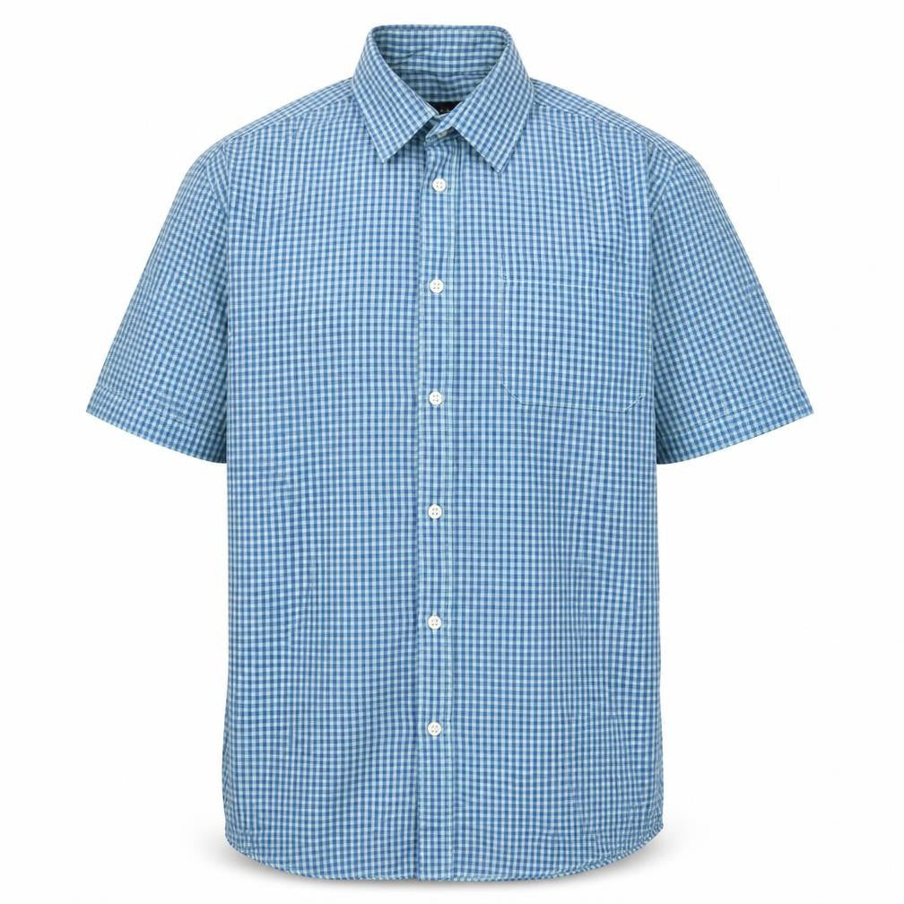 Front view of Cedarwood State men’s multicoloured check cotton button-up, size 15, collared button