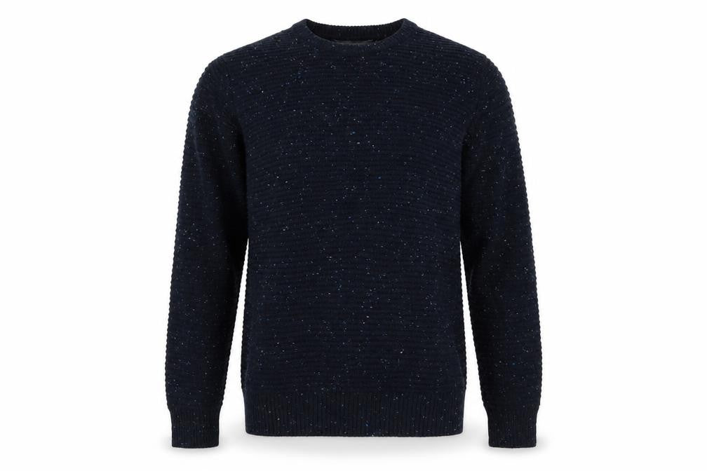 Front view of Cedarwood State men’s blue round neck acrylic jumper, size M