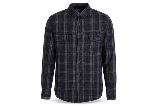Front view of Tortured Genius men’s green plaid cotton button-up, size S, collared button