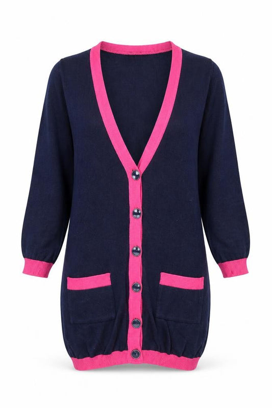 Front view of ASOS women’s blue v-neck cotton cardigan jumper, size UK 8