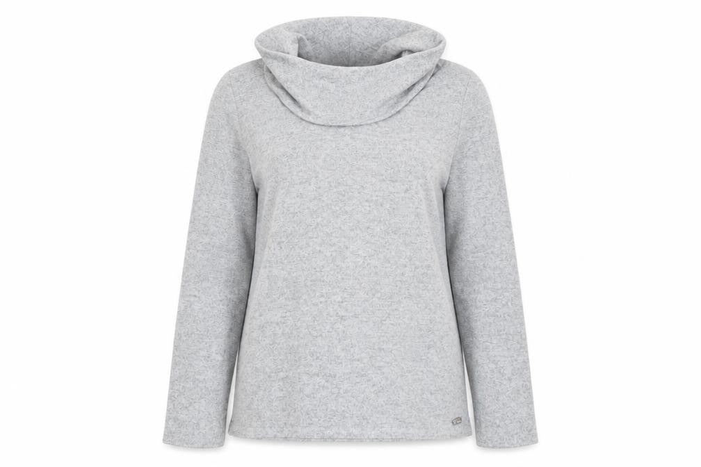 Front view of TIGI women’s grey roll neck acrylic jumper, size UK 14