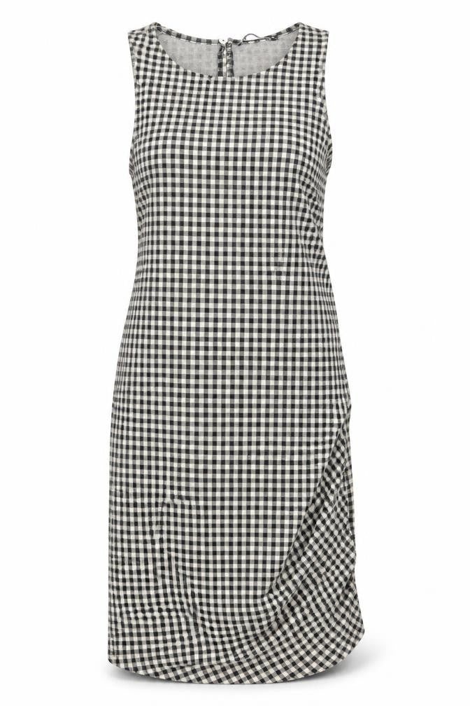 Front view of Zara women’s grey check polyester bodycon, size S, crew neck button