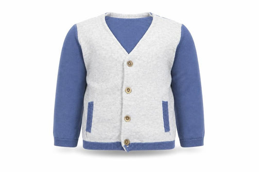 Front view of F&F Baby Blue Colourblock Cotton Cardigan Jumper, size 3-6, Months Button