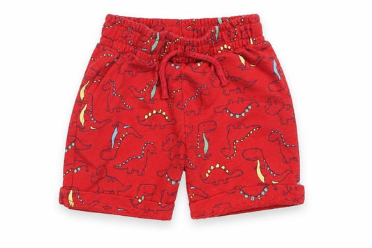 Front view of Dunnes Baby Red Geometric Cotton Cropped Trousers, size 18-24, Months Drawstring - Dinosaur Print