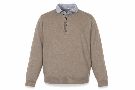 Front view of Marks & Spencer men’s beige collared cotton henley jumper, size M