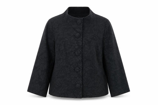 Front view of Evans women’s black floral jacket blazer, size UK 18, button