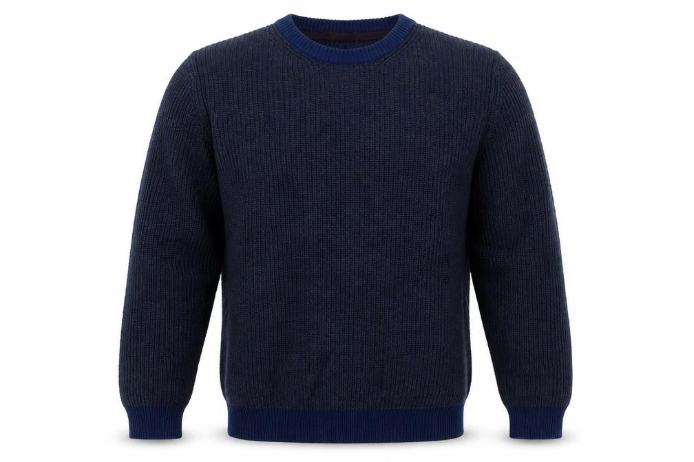 Front view of Marks & Spencer men’s blue round neck acrylic jumper, size S