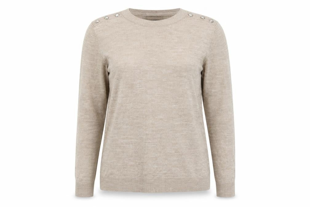 Front view of Primark women’s beige crew neck acrylic jumper, size UK 12