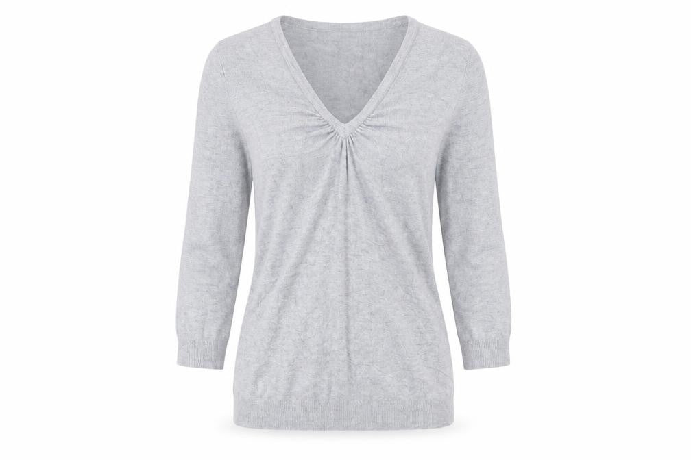 Front view of Marks & Spencer women’s grey v-neck viscose jumper, size UK 8