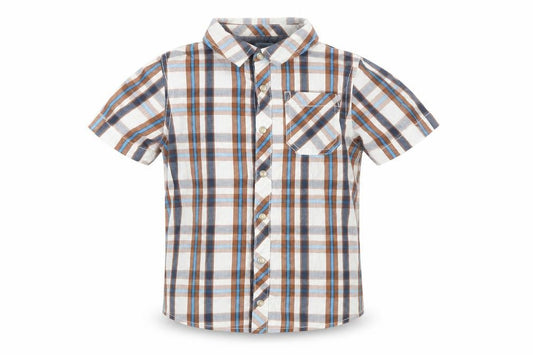 Front view of F&F boys’ brown plaid cotton basic button-up, size 5-6, years collared snap