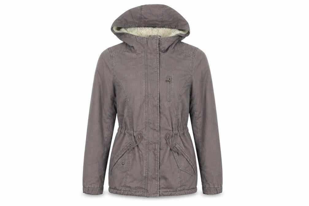 Front view of H&M women’s brown parka jacket, size UK 8, zip