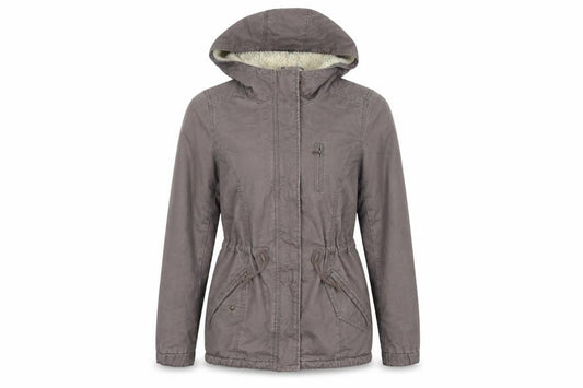 Front view of H&M women’s brown parka jacket, size UK 8, zip