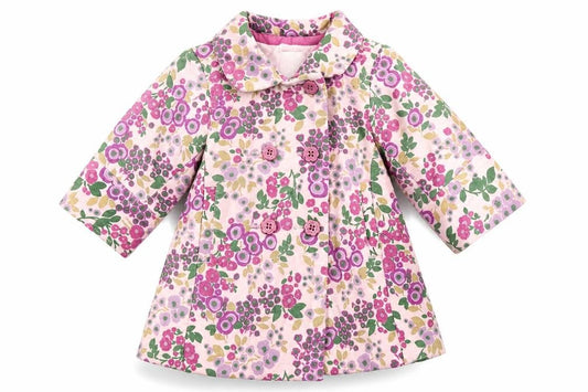 Front view of Gap girls’ pink floral overcoat coat, size 3-6, months button