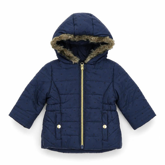 Front view of F&F girls’ blue polka dot parka coat, size 3-6, months zip