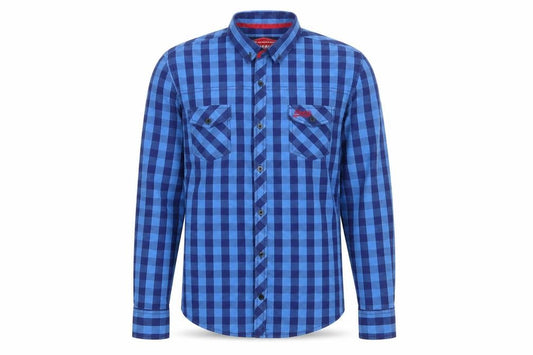 Front view of KINGPIN men’s blue check cotton button-up, size S, collared button
