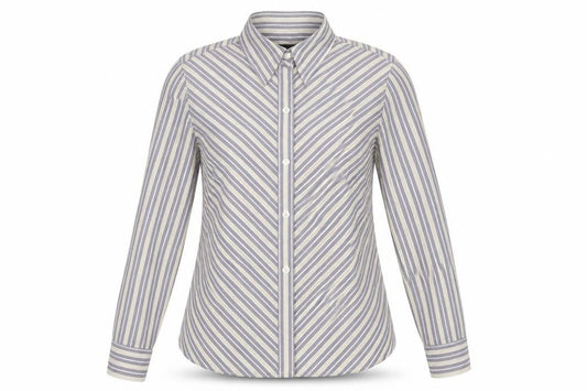 Front view of Express women’s grey striped 100% cotton basic button-up, size UK 12, collared -, size UK 11-12
