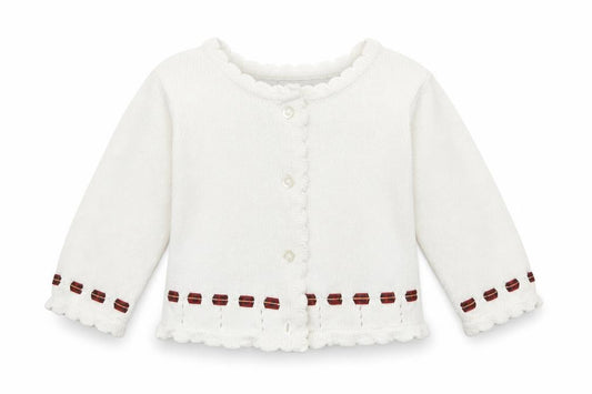 Front view of JPW JUNIOR girls’ white 100% cotton cardigan jumper, size 6-9, months button