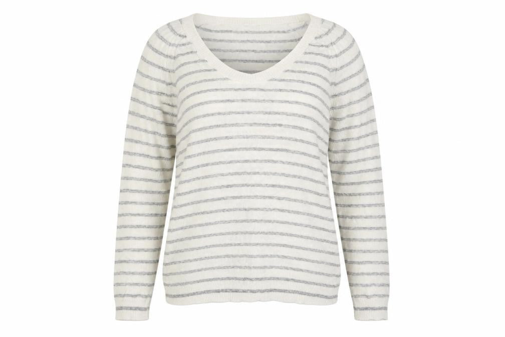 Front view of Gap women’s white v-neck striped acrylic jumper, size S