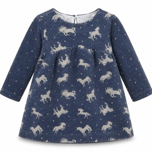 Zara Girls Blue Animal Print Cotton A-Line  Size 9-12 Months  Round Neck Button - Unicorn