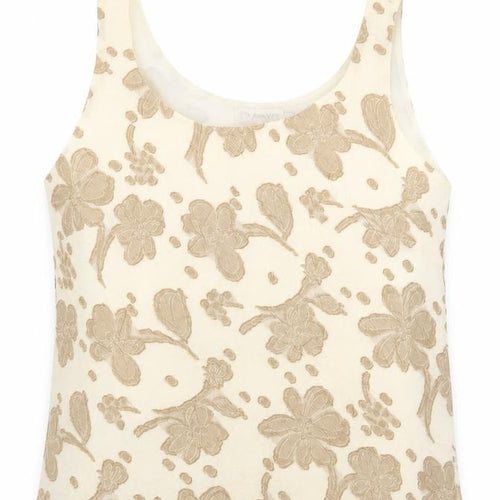 Chianti Womens Beige Floral Polyester Cropped Blouse Size 12 Round Neck - Lettuce Edging