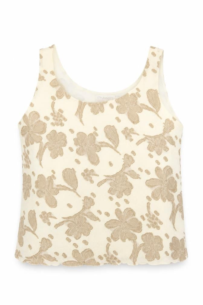 Chianti Womens Beige Floral Polyester Cropped Blouse Size 12 Round Neck - Lettuce Edging