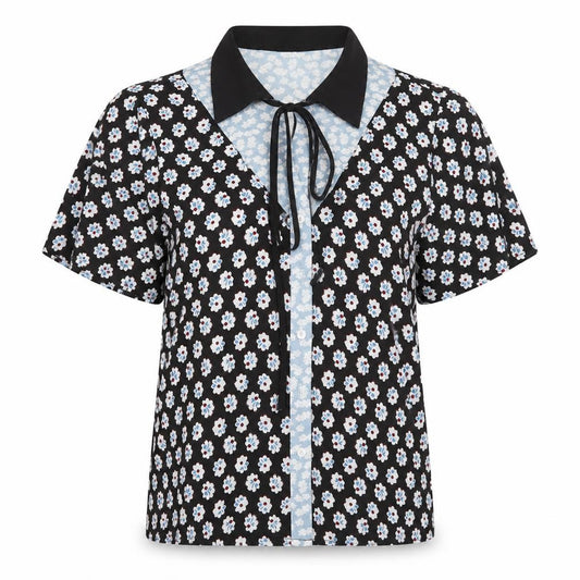 Front view of Fashion Union women’s black floral polyester basic blouse, size UK 8, collared