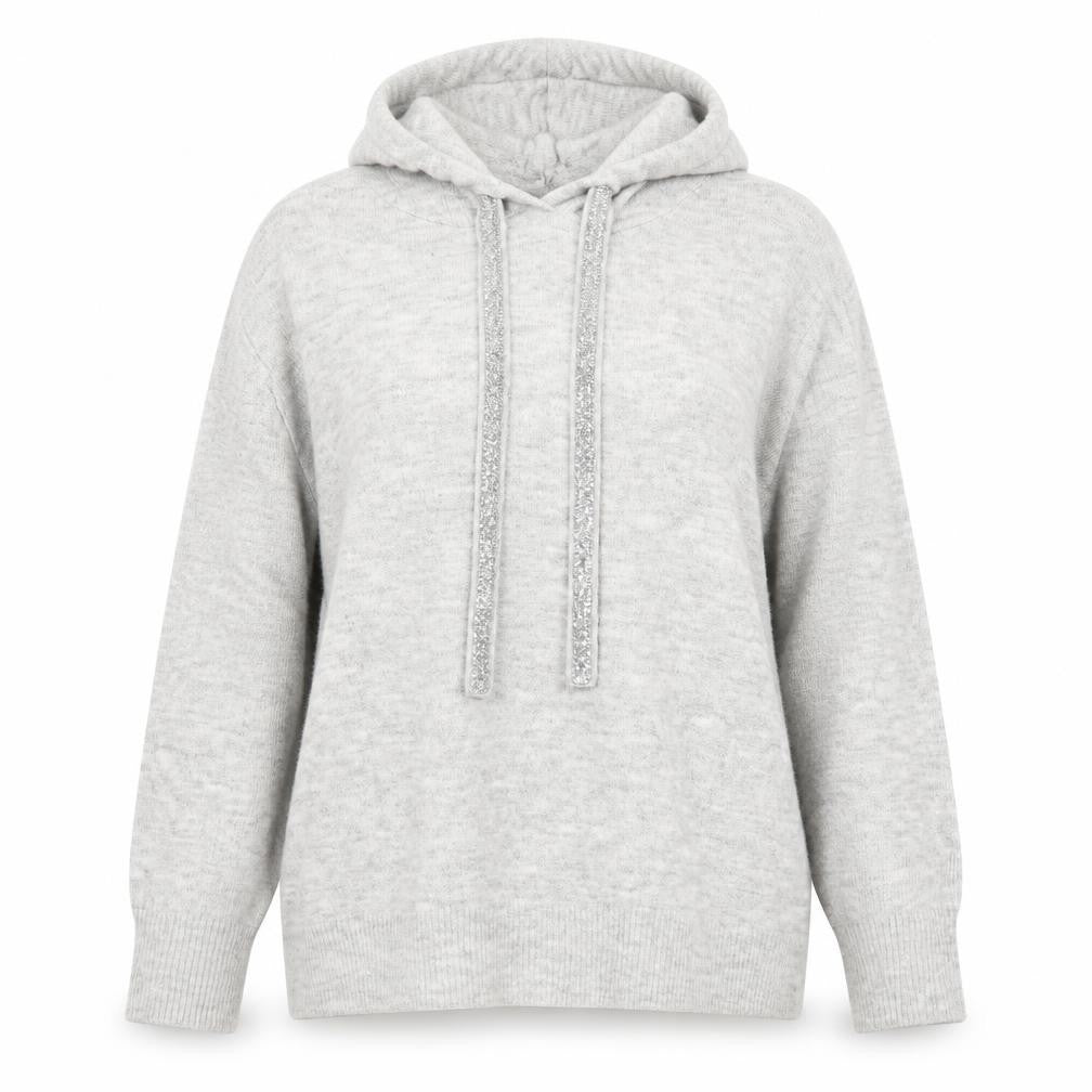 Front view of Dunnes women’s grey acrylic pullover hoodie, size M, pullover