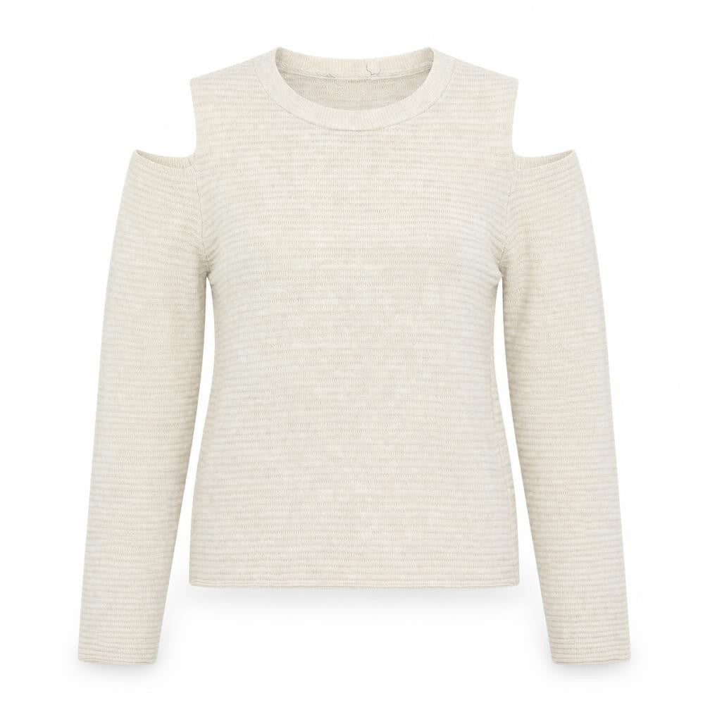 Front view of Atmosphere women’s beige crew neck acrylic jumper, size UK 8