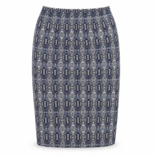 Front view of Next women’s blue geometric cotton a-line skirt, size UK 8
